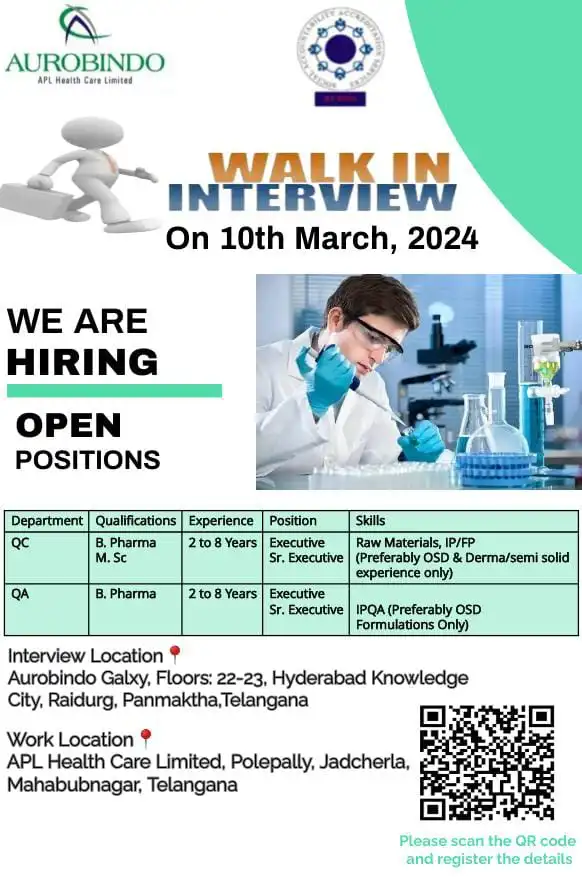 Aurobindo Pharma - Walk-In Interviews for Multiple Positions on 10th Mar 2024